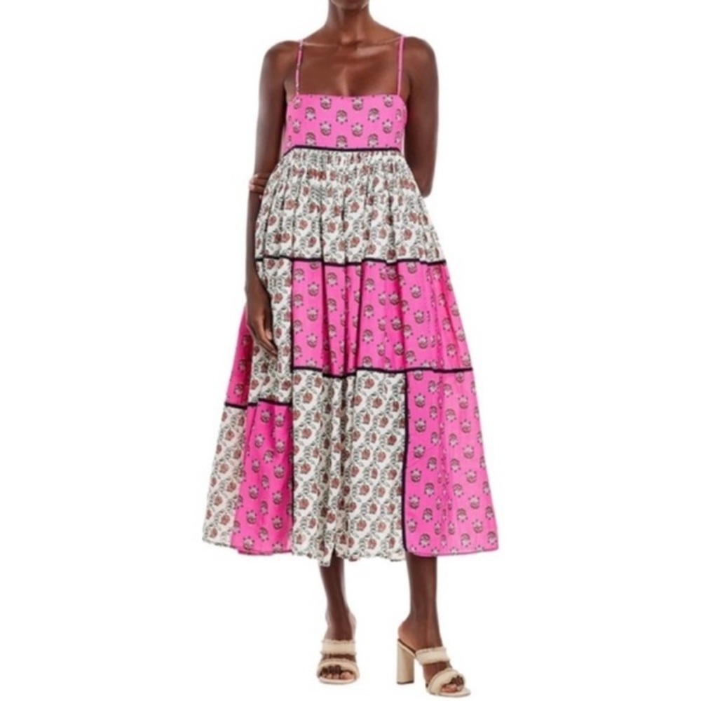 RHODE SAACHI PATCHWORK MIDI DRESS IN HOT PINK